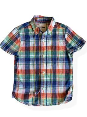 Mini Boden Boys 6-7 Plaid Linen Cotton Short Sleeve Button Down Shirt